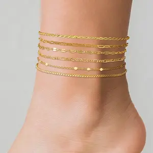 Loyalove 6PCS Gold Ankle Set For Women Waterproof-Dainty Link Chain Herringbone Cute Anklets Set Pack Summer Beach Jewelry Gift For Women Gift For Mother's Day