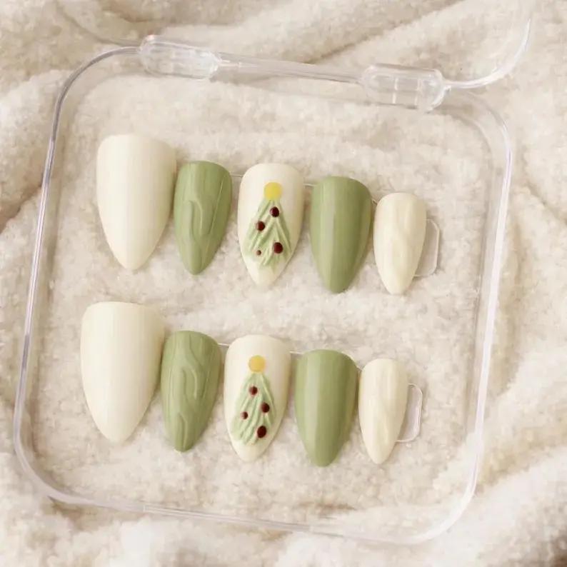Christmas Tree & Sweater Nail Set – Green and White Press On Nails for Holiday Season