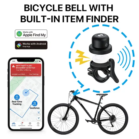 Unisex Wireless Bike Bell with Hidden Anti-Theft Bluetooth Tracker & Item Finder, Universal Surface Mount, All Seasons, Compatible with FindMy & Android Find Hub, Loud Ring, Waterproof, Easy Installation for Adult Mountain & Road Bikes