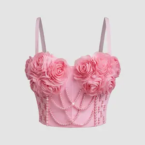 Weighted Vests Women Cute Flower Weeding Party Sexy String Beads Elevated Going Out Tube Tank Tops Pink Backless Fishbone Club Clothes Streetwear Shoulder Strap Tara World Halter Corset Crop Top