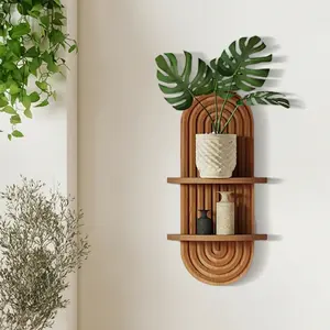 【Floating Functional】Boho Wall Decor Brown Plant Wall Shelf,Mid Century Modern Room Decor Hanging Plant Shelf, 2-Tier Wooden Floating Shelves for Home Living Room, Office Holding Planter Decoration Wall decorations , Birthday gifts Bamboo Decorative