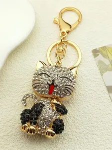 Cartoon Cat Keychain Rhinestone Gold Color Cute Kitty Keyring Holder Creative Gift Fashion laveros para mujer