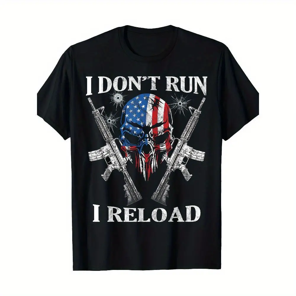 100% Cotton Men'S "I Don'T Run, I Reload" AR-15 Skull & American Flag T-Shirt - 100% Cotton, Casual Crew Neck, All Seasons, Machine Washable,Shortsleeve Fabric  Ivan Cornejo Merch Graphic Tees Men Gifts Graphic Tee Mens Golf Gift T-Shirt For Men And Women
