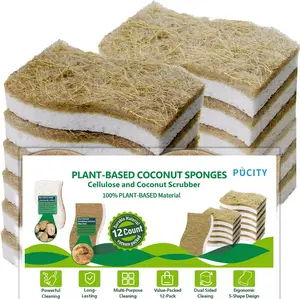 PUCITY Plant-Based Coconut Sponges Natural Dish Sponge Cellulose with Coconut Scrubber Non Scratch Eco Friendly Kitchen Sponges for Dishes Pack of 10