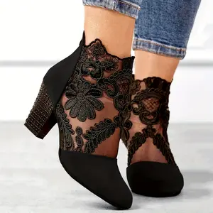 Elegant Black Lace Ankle Boots with Floral Patterns - Comfortable Chunky Heel, Back Zip Closure, Round Toe Design, Breathable Fabric Upper & TPR Sole for Stylish Women Girl Footwear Walking Shoes Decor