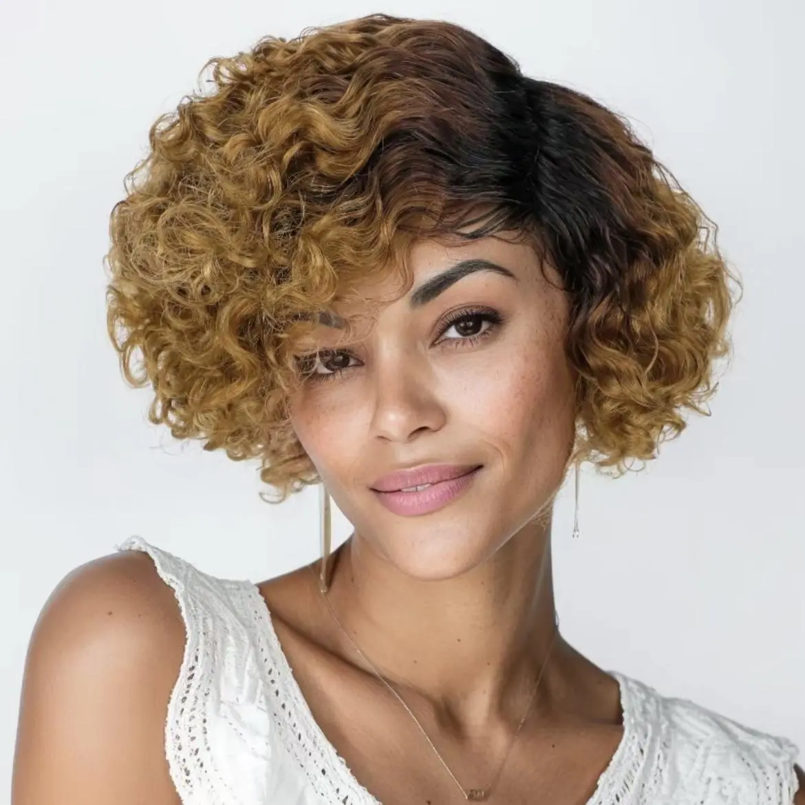 GIESWY Short Curly Bob Wig for Women, 6 Inch Human Hair with Bangs, T1B/27 Ombre Color Blend, Full Machine Made for Daily Wear, Female, Short Length, Tailored Bangs, Innovative Construction, Cute Human Hair Full Machine Wigs, Glamorous Human Hair Full Mac