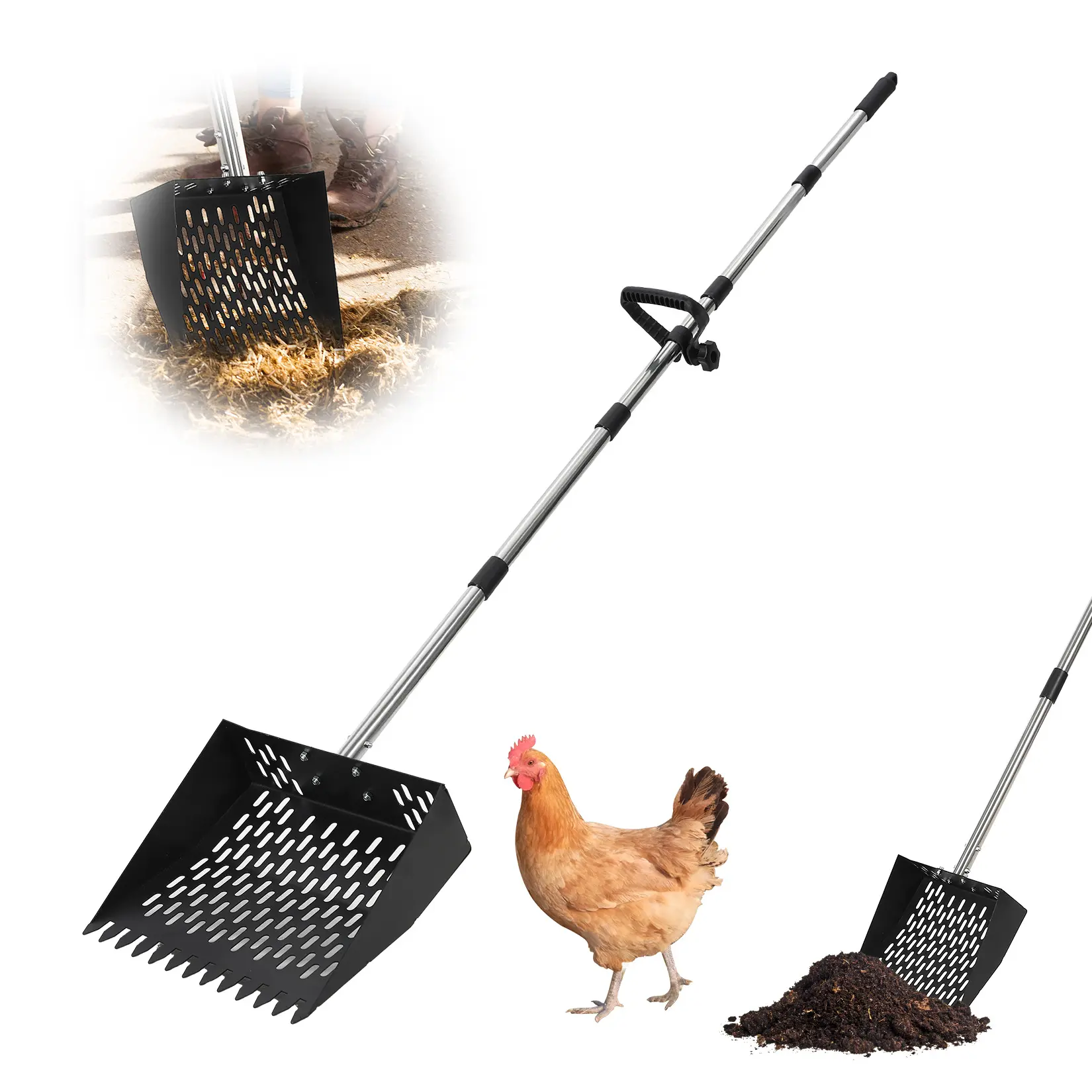 YJ-Heavy-Duty 2-in-1 Chicken Poop Scooper & Rake – Adjustable Stainless Steel Handle, Manure & Litter Shovel – Easy-Clean, For Coops & Stalls, Black