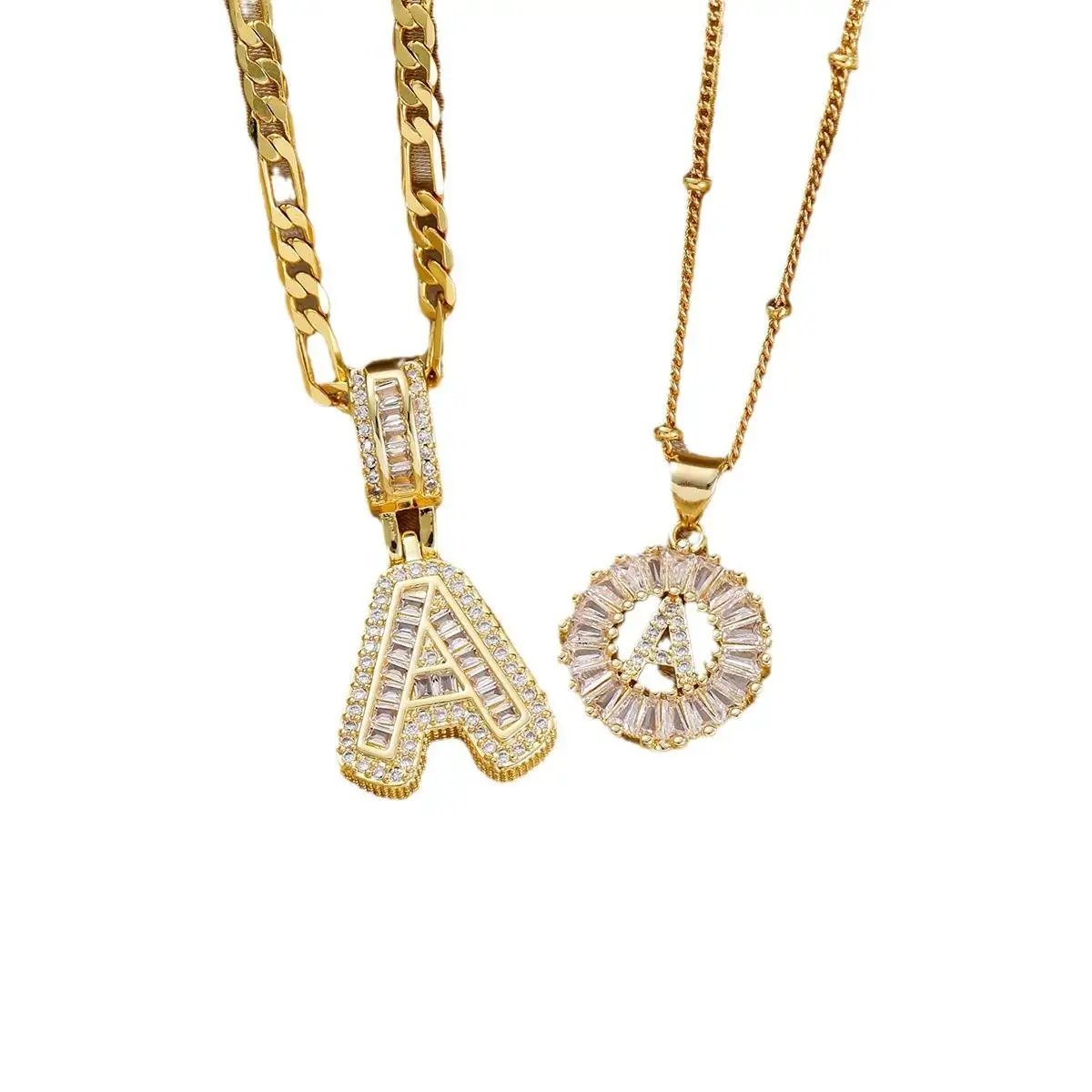 Golden A-Z Alphabet Pendant Necklace Set - Personalized Faux Zircon for Women and Men, 2-Pack with Elegant Gift for Birthdays and Anniversaries Cuban