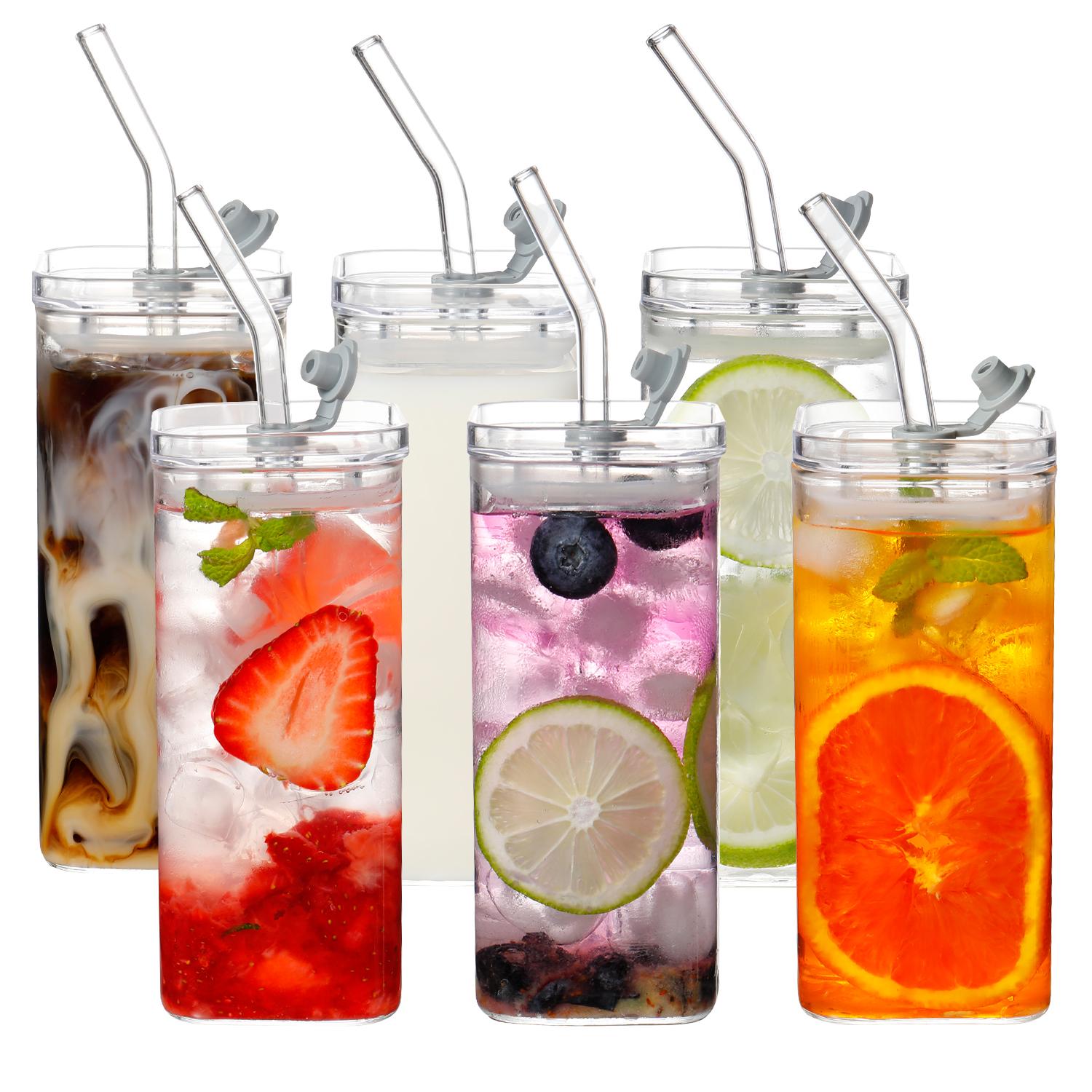 DWTS DANWEITESI 13oz Glass Cups with Plastic Lids & Glass Straws 4Pack Portable Square Eco-Friendly Drinkware Tumblers f