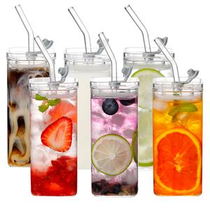 DWTS DANWEITESI 13oz Glass Cups with Plastic Lids & Glass Straws 4Pack Portable Square Eco-Friendly Drinkware Tumblers for Beer Tea Cocktail Whiskey Juice Stylish Drinking Glassware