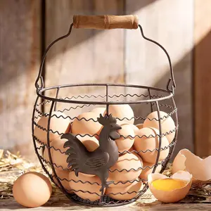 Vintage Small Wire Egg Basket with Handle, Rustic Chicken Decorated Egg Holder for Gathering Fresh Eggs, Countertop Storage Basket for Farmhouse Kitchen Decor