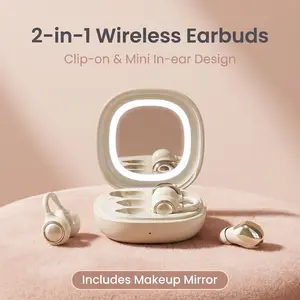 FLUFFDRIP M165 2-in-1 True Wireless Earbuds, Ear Clip + Mini Sleep In-Ear Headphones with Lighted Makeup Mirror Charging Case