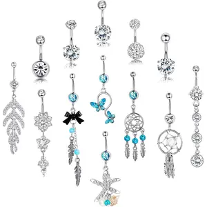 13Pcs 14G Stainless Steel Belly Ring Set  Summer Beach Body Jewelry | Butterfly, Flower & Dangle Navel Rings Waterproof & Sensitive Skin Friendly