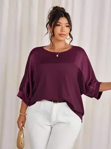 Cravure Plus Size Round Neck 3/4 Raglan Sleeve Metallic Fabric Patchwork Pullover Shirt,Dark Purple,Autumn,Elegant,Formal Casual Holiday Commute Party Top