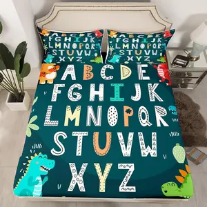 Alphabet Kids ABC Learning Fitted Sheet ,Cartoon Dino Bedding Set Kids Educational Nursery Art Bed Sheet Set for Boys Girls Jungle Dino Bed Cover ( and a Fitted Sheet)