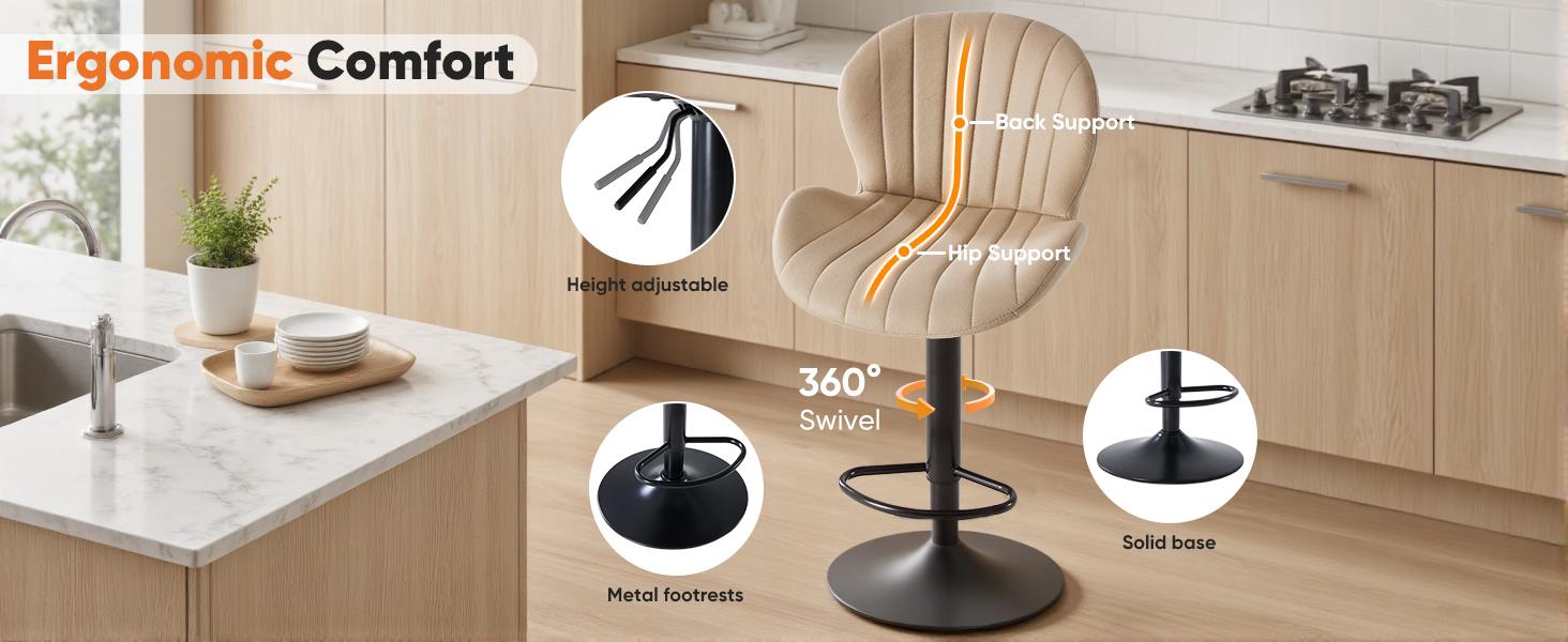 Bar Stools, Modern Swivel Bar Chairs, Adjustable Fabric Upholstered Barstools Counter Height with Backrest for Bar, Kitchen Island, Dining Room