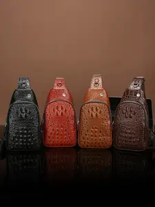Men's Vintage Crocodile Embossed Zipper Belt Bag, Casual Trendy Chest Bag, High-Quality Cowhide Sling Bag, Daily Use Fanny Pack