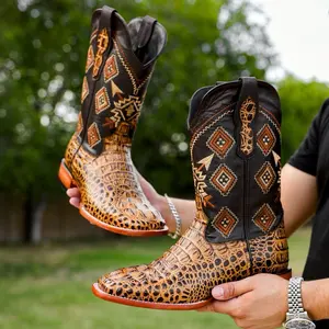 Honey Caiman Neck Leather Boots - Square Toe