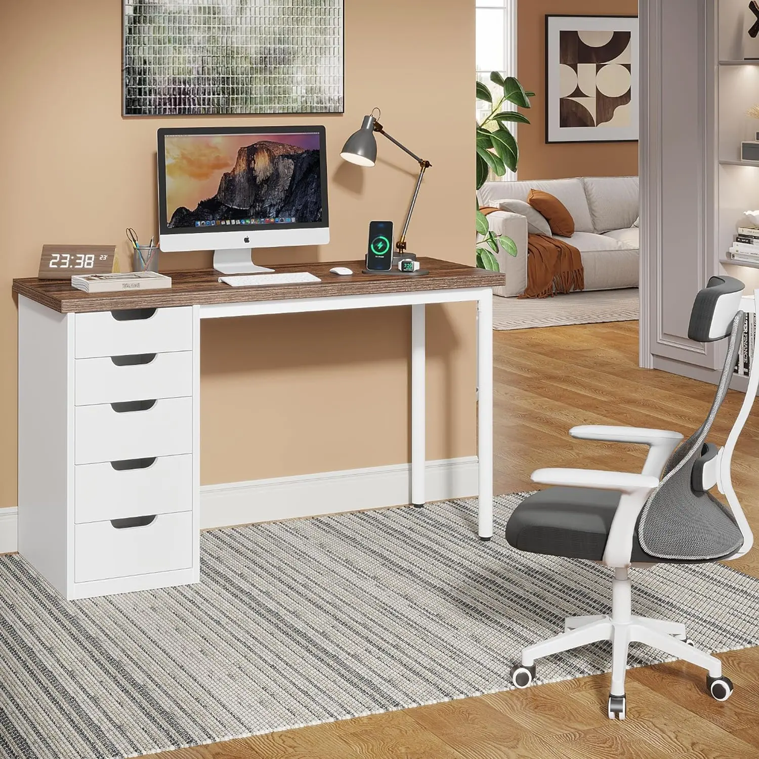 Tribesigns Computer Desk with 5 Drawers, 47 inches Rustic Brown Home Office Desk with Storage