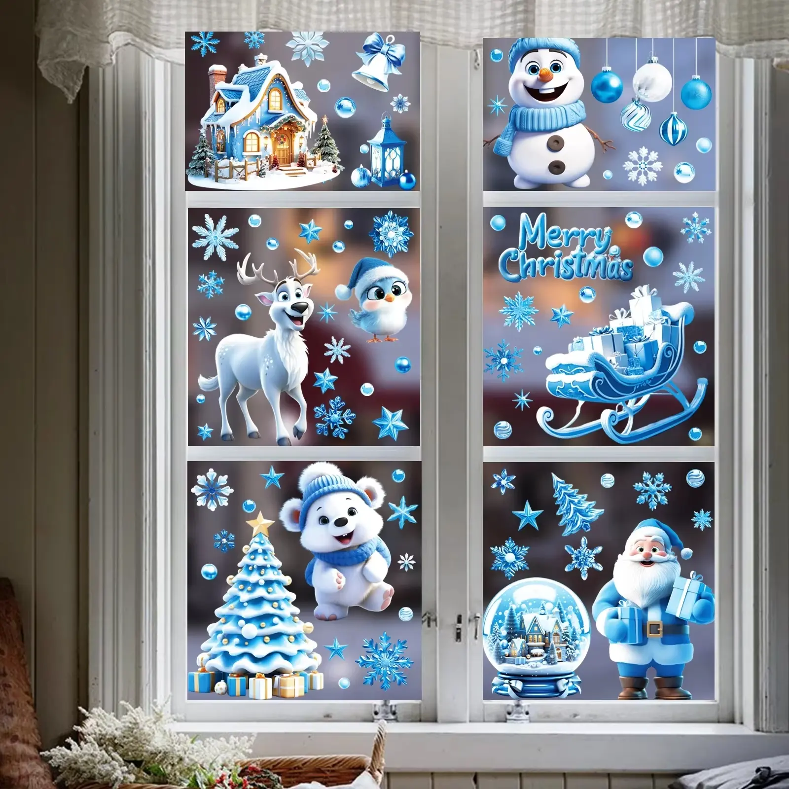 9 Christmas wall stickers, cute Santa Claus, snowman, and reindeer wall decals, Merry Christmas party decorations, Christmas tree and snowflake home decor
