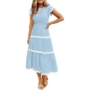 Women’s Summer Elegant Short-Sleeve Smocked Midi Dress, Casual High-Waisted Layered Floral Dress GARMENTARY