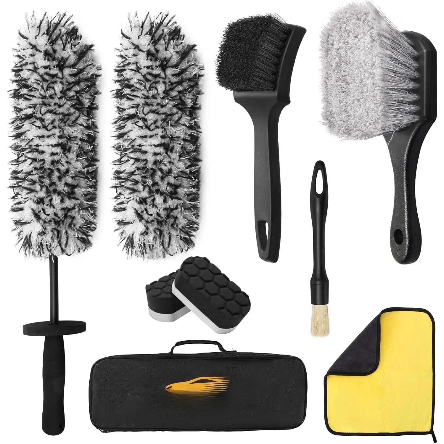 9 count Professional Wheel Detailing Kit - Microfiber Flat Rim Brush w/Removable Cover,  Detail Brush, Cleaning Pads, Towel & Storage Bag | Scratch-Free for