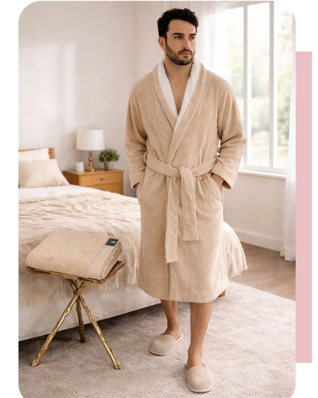 Viareggio Egyptian Cotton Robe Set Beige Champagne Bathrobe Slippers & Towel for Relaxation and Comfort