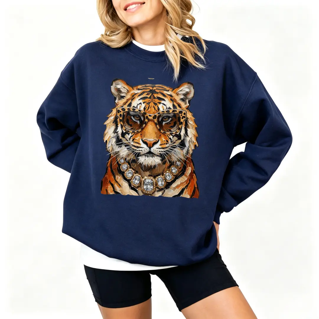 Womens Gildan Burgundy Sweatshirt Trendy Tiger Leopard Print Glasses Diamond Necklace Graphic Crew Neck Pullover Cute Aesthetic Streetwear Jumper TikTok Viral Trend Oversized Casual Fall Tops Lounge Wear Boujee Animal Lover Gift