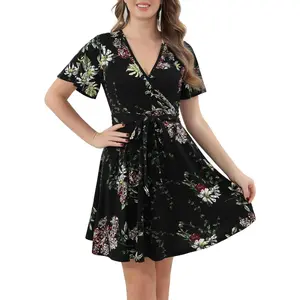 Women's Fit and Flare Summer Dresses V Neck Short Sleeve High Waist Casual Spring Floral Wrap Dress