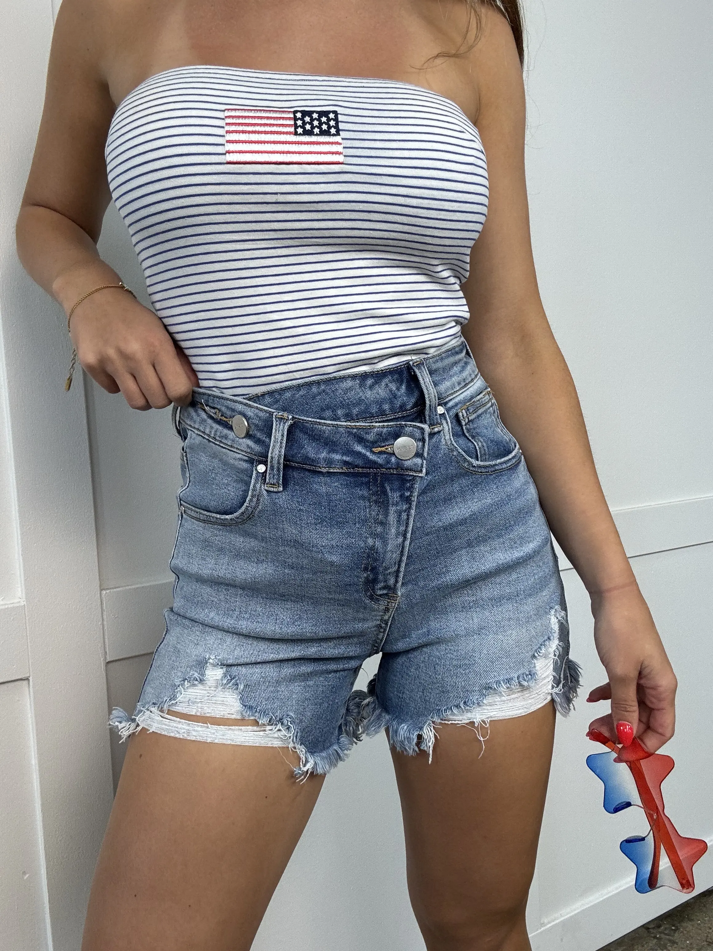 Lindsey Asymmetrical Distressed Shorts- Medium Wash