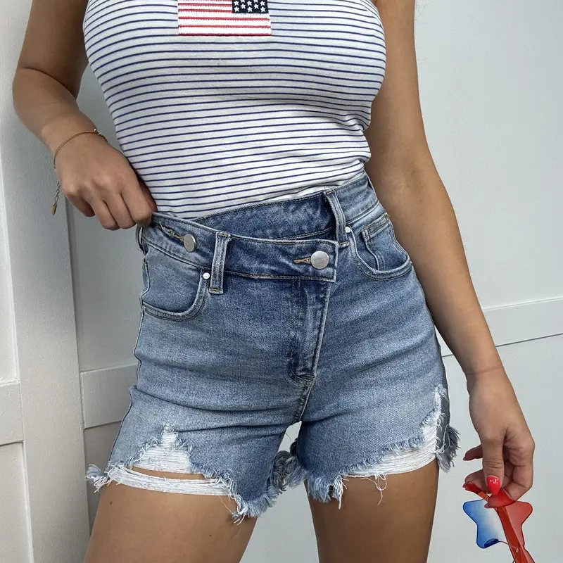 Women's High Waisted Lindsey Asymmetrical Distressed Bottom Shorts - Medium Wash, 2-button Secure Closure, Functional Pockets, 3.5-4" Short Inseam, True Fit, Trendy Casual Women's Clothes