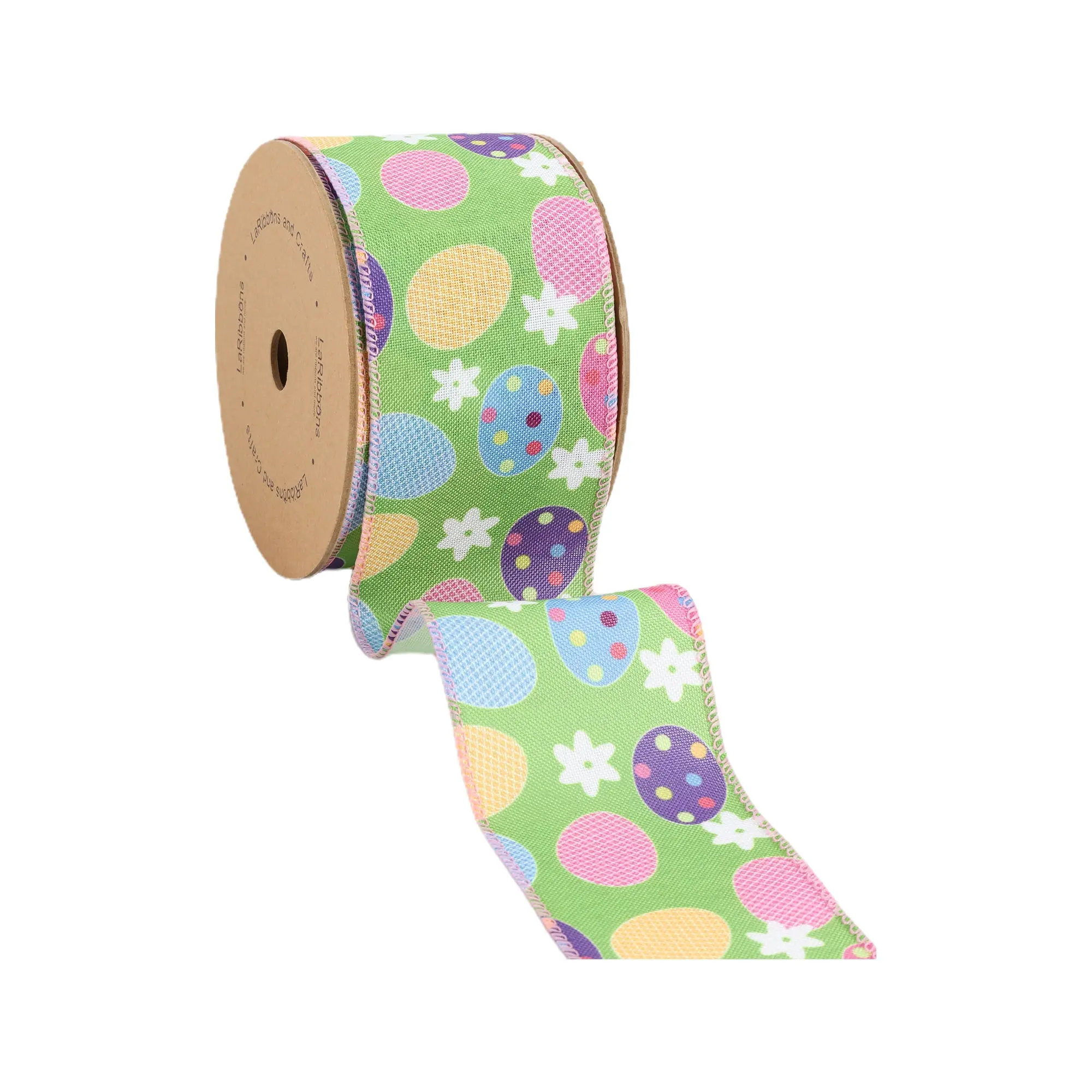 2 1/2 Wired Ribbon | Green w/ Easter Eggs & Flowers | 10 Yard Roll Spring decor Easter Day decor Valentine’s Day decor wrapping gifts