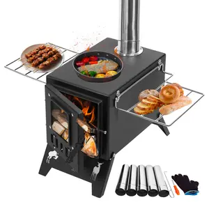 Outdoor Portable Wood Stove Tent Stove Cast Iron Wood Burning Stove for Camping with Chimney Pipes View Glass Ideal for Ice-fishing Cookout Hiking Travel
