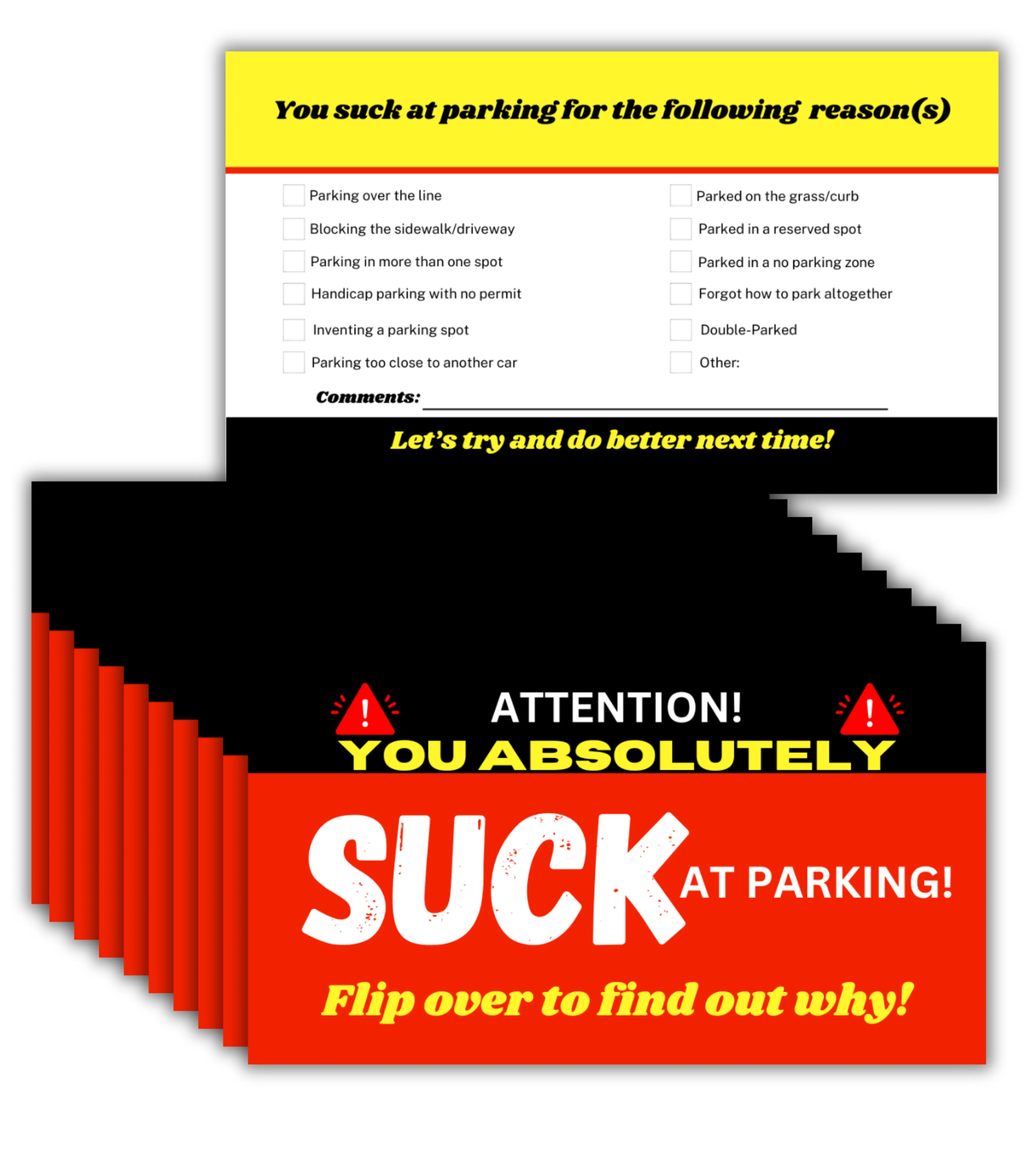 Funny Parking Violation Cards, 50 pack Parking Cards, You Suck At Parking Cards, Parking Ticket Cards, Bad Parking Cards