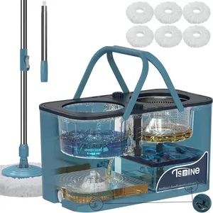 Spin Mop and Bucket,Mop Bucket with Separates Dirty and Clean Water,4-Chamber Mop and Bucket with Wringer Set for Home,  Household Cleaning Tools with 6 Replacement Mop Heads,4X Wheel