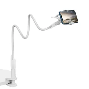 SAIJI Gooseneck Cell Phone Holder, Clamp Universal Lazy Mount Clip Hands Free Flexible Long Arm Bracket Grip for 4.0-6.3 Phones Mobile Stand Baby Monitor for Desk, Bed, Office, Kitchen (White) Cellphone Smartphone