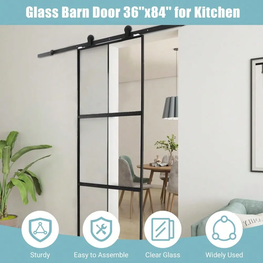 Gaomon 36x84 in Contemporary Tempered Frosted Glass Sliding Barn Door with 6 ft Top-Mounted Hardware Kit, Soft-Close Mechanism, Metal Frame, 3-Window Design, Easy Assembly for Kitchens, Living Rooms, Bathrooms