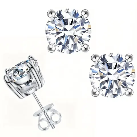 Round Silver-Plated Cubic Zircon Stud Earrings - 2-Carat Each (8mm), Screw-Back Closures, 4 Total Carats, Precision-Cut, Unisex Custom-Made Jewelry, Secure Fit, Dullness-Resistant Finish, Elegant Bling Accessories, Thanksgiving Anniversary Milestone Gift