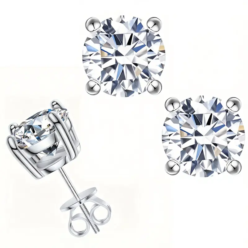 Round Silver-Plated Cubic Zircon Stud Earrings - 2-Carat Each (8mm), Screw-Back Closures, 4 Total Carats, Precision-Cut, Unisex Custom-Made Jewelry, Secure Fit, Dullness-Resistant Finish, Elegant Bling Accessories, Thanksgiving Anniversary Milestone Gift