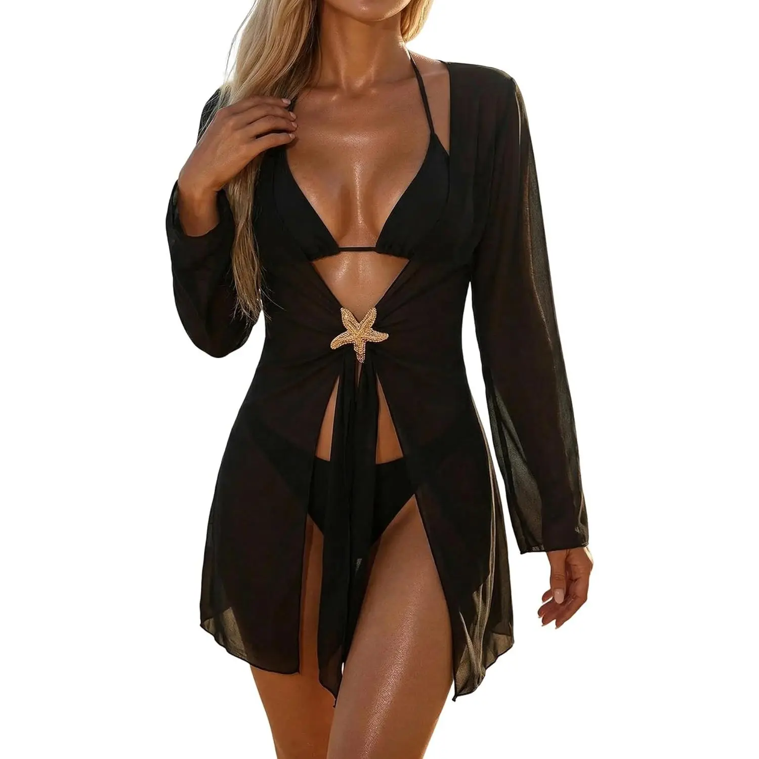 Women's 3-Piece Bikini Set, Triangle Halter Top with Sheer Mesh Long Sleeve Cover Up and Cheeky Bottoms for Beach Vacations, Three-Piece Bikinis Set