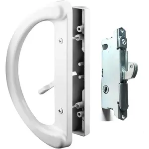 Patio Door Handle Set + Mortise Lock 45 °   Perfect Replacement for Sliding Glass Door Fits 3-15/16" Screw Hole Spacing, Non-keyed with Latch Locks,White Diecast,Reversible Design(Non-Handed)