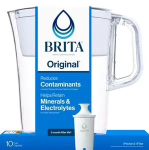 Brita 10 Cup Large Plastic Water Filter Pitcher, White, BPA Free with 1 Standard Brita Filter