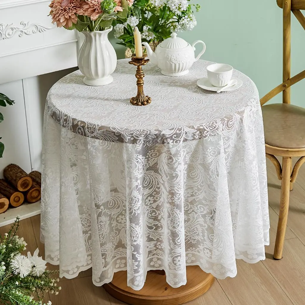 Round Lace Tablecloth, 1 Count Flower Pattern Tablecloth, Vintage Aesthetic Table Cover, Table Decoration Supplies for Home Kitchen Dining Room, Picnic Table Cover