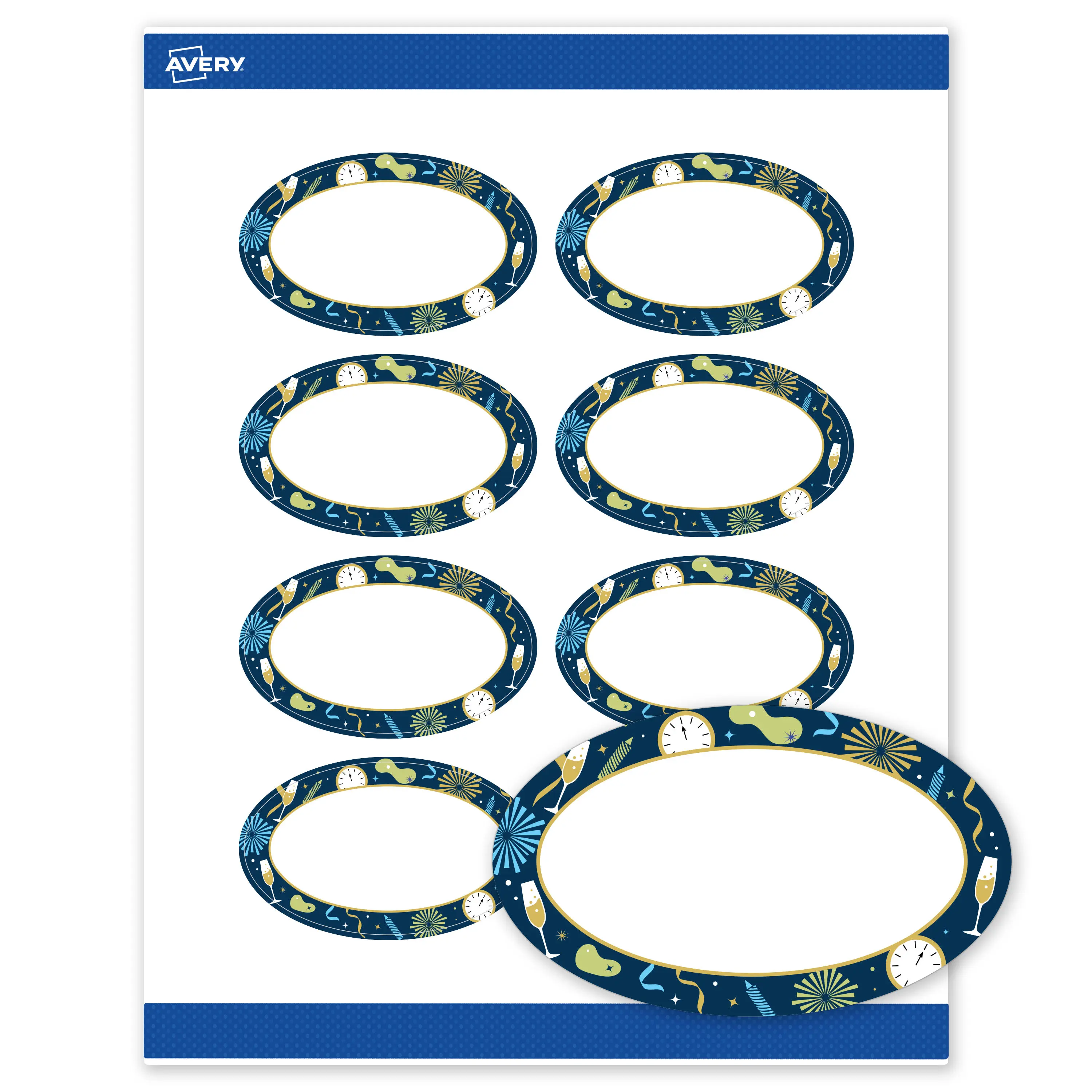 Avery® Printable Oval Labels, 2" x 3-1/3", Matte White, Pre-printed New Year Celebration, Gold Champagne Design, Sure Feed® Technology, Laser/Inkjet Compatible, 160 Total
