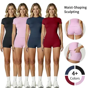 2pcs Summer Women's Sports Suit, Including round Neck Raglan Sleeves Short-Sleeved T-shirt and High Waist Tight Shorts, Comfortable Sportswear Suitable for Lifestyle Yoga Clothes Set Workout Yoga Spandex