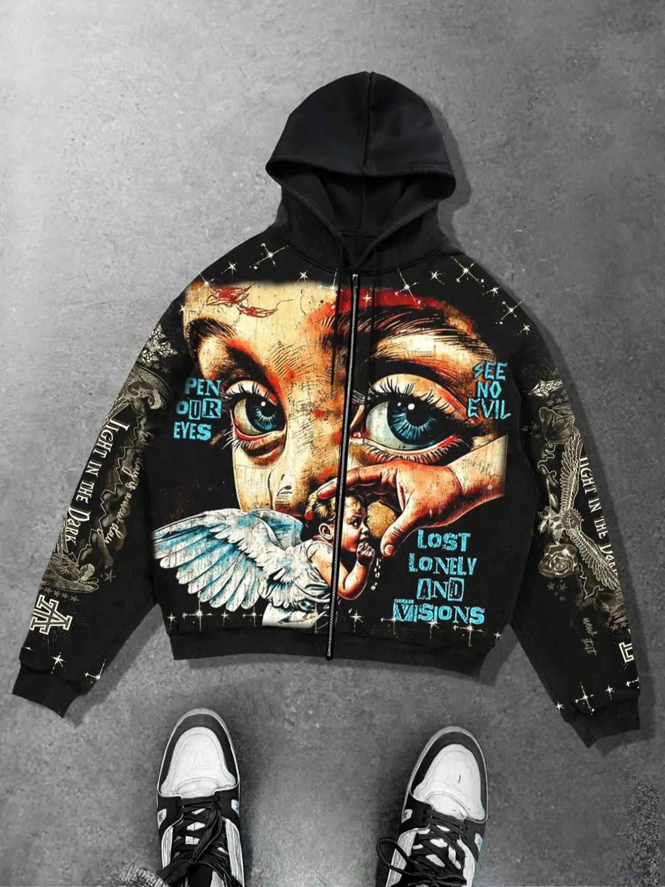 Angel Eyes Print Zip-Up Pullover Hoodie Sweatshirt Unisex, Full