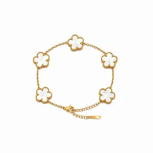 White Mother of Pearl Five-Leaf Clover Pendant Necklace, Titanium Steel Gold-Tone Jewelry for Women