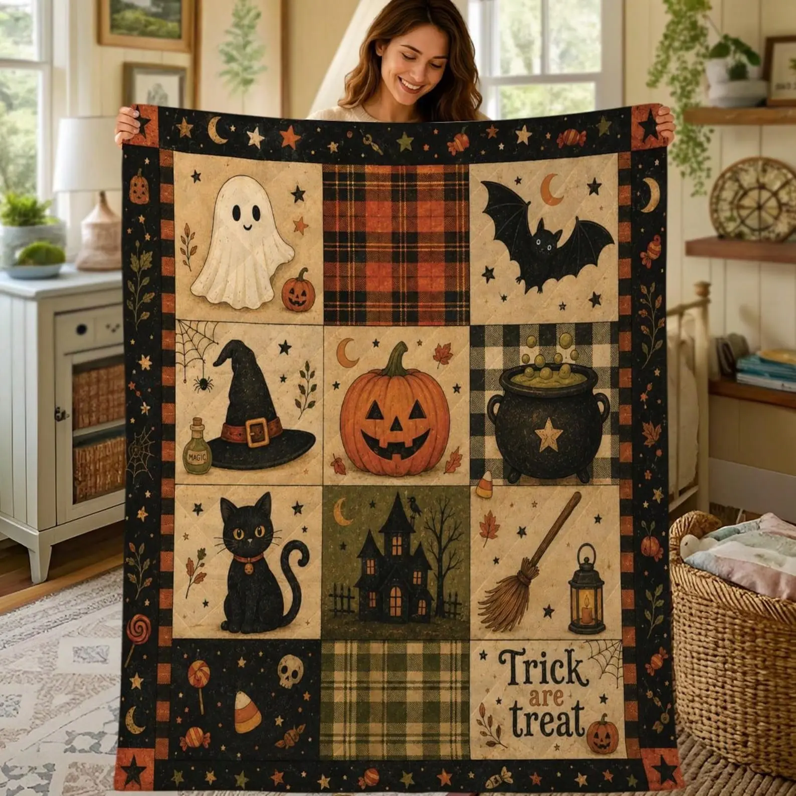 Halloween Throw Blanket - Black Cat, Ghost, Pumpkin Prints, Rustic Autumn Patchwork, Whimsical Home Decor, Party Gift for Home Room & House Use funny