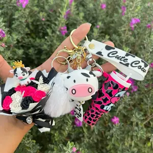 Cute cow mini rose bouquet keychain set