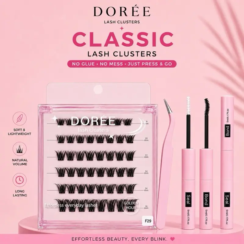F29 (Dark Wispy) Dorée classic Lash Clusters Kit 9–16mm | DIY Individual Lash Extensions with Bond & Seal, Waterproof, Tweezer Included